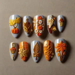 AuréNails - Autumn Pumpkin Leaf Press On Nails, Fall Harvest Nail Art, 3D Gold Maple Nails, Cozy Handmade Thanksgiving Set