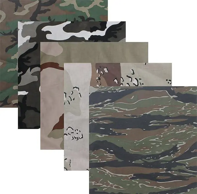 5-Pack Jumbo Camouflage Bandanas, 27x27 Inch Cotton Military Headwraps, Breathable Outdoor Scarf for Hunting & Campers, Breathable Bandana, Outdoor Bandana, Head Scarf Turbans