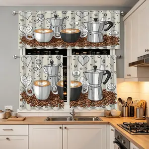 3pcs Coffee Latte Mocha Pot Pattern Curtains, Heart Hand-Drawn Style Drapes, Kitchen Living Room Decor Valance Set, Ideal for Home Enthusiasts