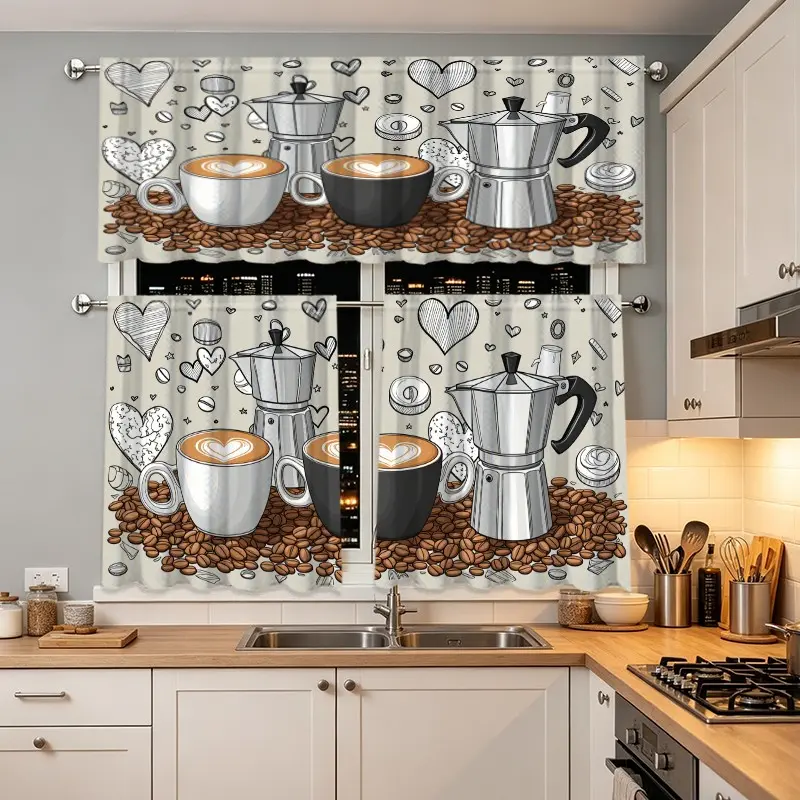 3pcs Coffee Latte Mocha Pot Pattern Curtains, Heart Hand-Drawn Style Drapes, Kitchen Living Room Decor Valance Set, Home Decoration Curtain, Window Curtain, Ideal for Home Enthusiasts