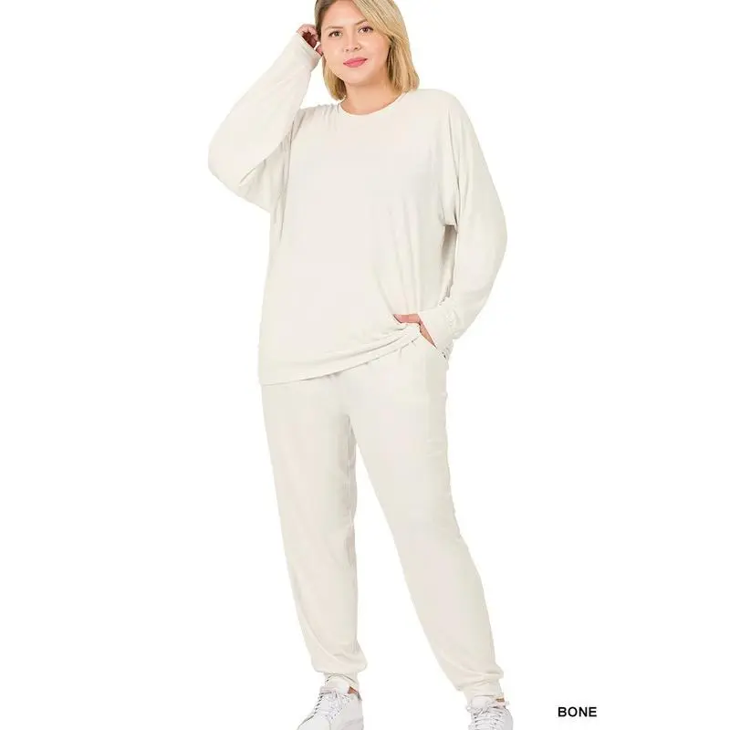 Plus Raglan Sleeve Pullover & Jogger Set Womenswear Comfortable Day Elastic