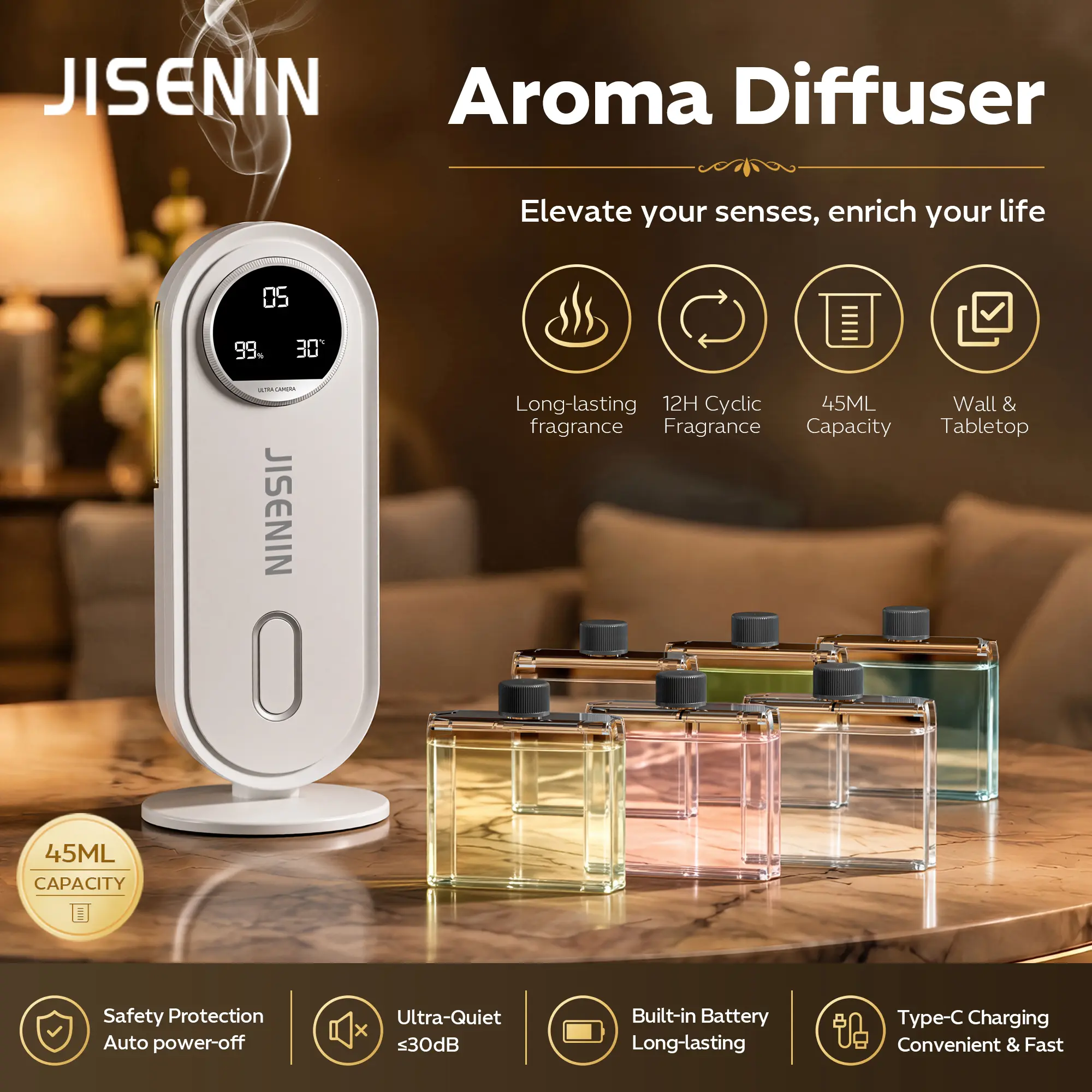 JISENIN 7-Speed Adjustable Smart Aroma Diffuser - Rechargeable Battery, 7-Color Night Light, Home Air Freshener & Car Fragrance Accessory, Long-Lasting Scented Air, Suitable for Office, Bedroom, Bathroom Air Freshener - Perfect Holiday Gift humidifier