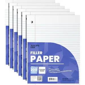 Loose Leaf College Ruled Lined Writing Filler Paper 10.5" x 8" 1200 Sheets (200 Sheets Per Pack 6 Pack) 60 gsm