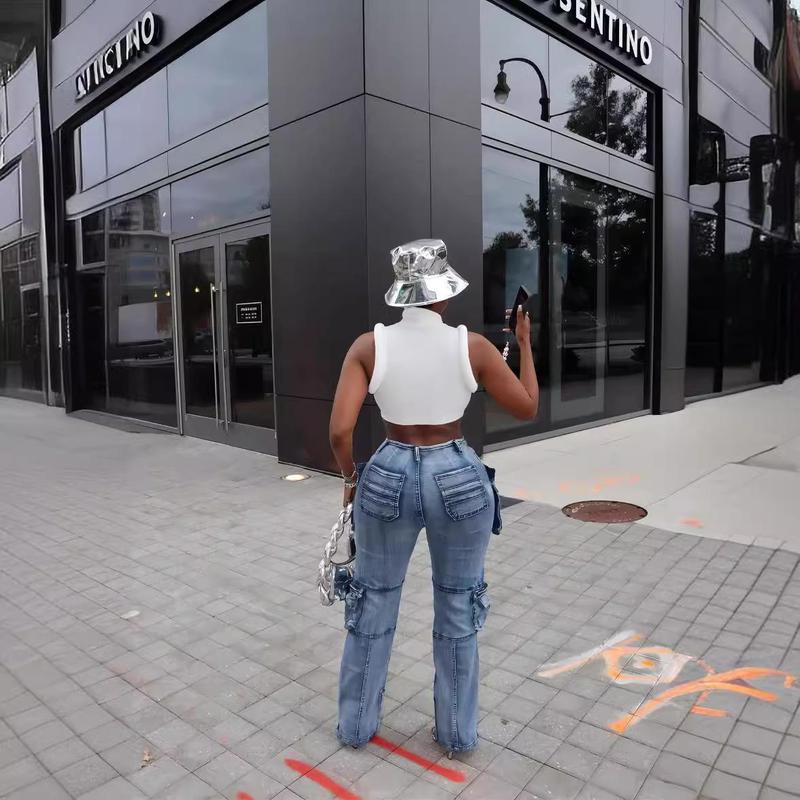 Women High Waisted Cargo Pants Wide Leg Casual Pants 6 Pockets Combat Military Trousers