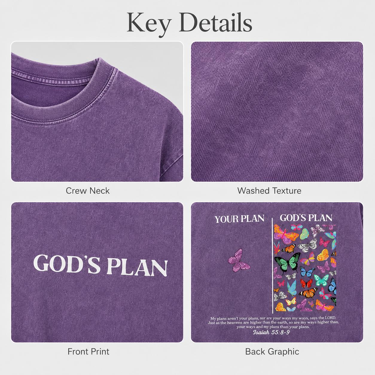 Unisex Vintage Washed Cotton Graphic T-Shirt, Oversized Crew Neck Tee with God’s Plan Butterfly Front & Back Print, Casual Streetwear Top