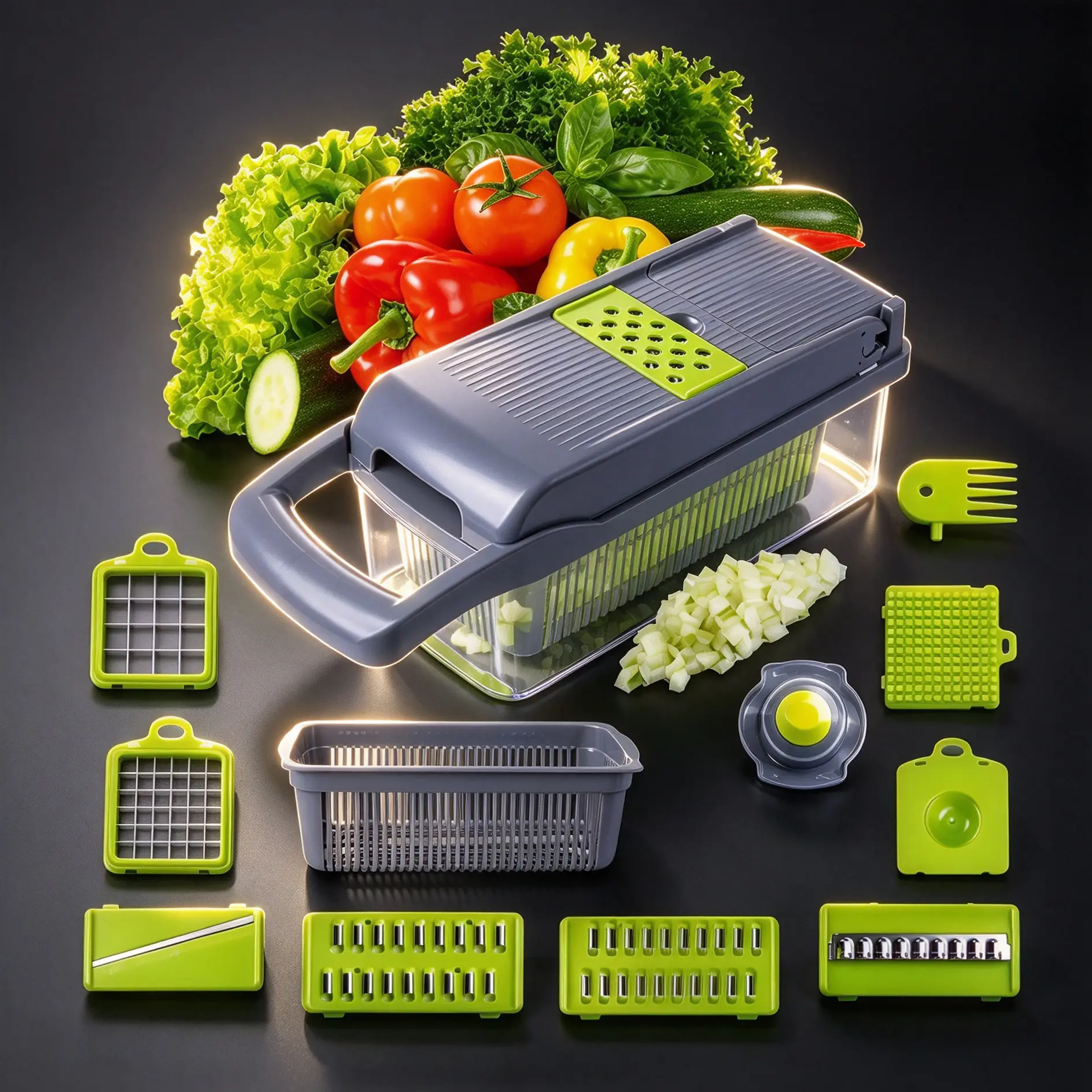 13-In-1 Vegetable Dicer & Mandoline Slicer, Manual Heavy Duty Veggie Chopper with 8 Rust Resistant Steel Blades, Large Storage Container, Drain Basket & Egg Separator for Family Salad & Food Prep,Professional Manual Vegetable Chopper Set