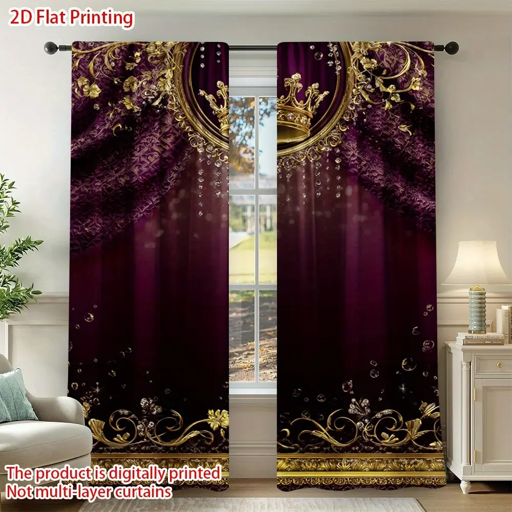 2D Flat Style, 2-Piece Set 2D Flat Print Royal Crown Pattern Curtains (with Pocket) -- Suitable Style Spaces, Cafes, Bedroom Home Decor (Not Multi-Layer Curtains), 2D Flat Design