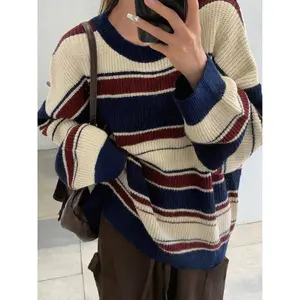Women's Colorblock Striped Print Drop Shoulder Sweater, Casual Long Sleeve Round Neck Jumper for Fall & Winter, Fashion Ladies' Knitwear for Daily Wear, Blue