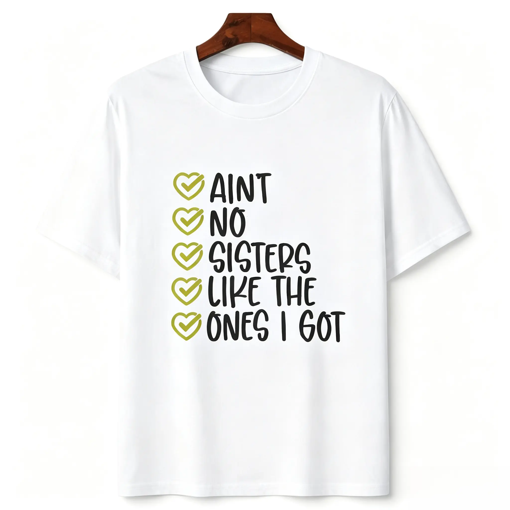 Oversized Crew Neck Short Sleeve T Shirt Featuring Vertical Heart Checkmark List With Ain't No Sisters Like The Ones I Got Casual Hand Letter Text Graphic Unisex Soft Cotton Casual Sibling Love Basic Daily Top