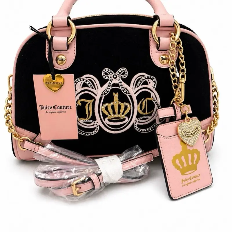 Juicy Couture Pink & Black Velvet Crown Satchel Crossbody Bag NWT Y2K Glam