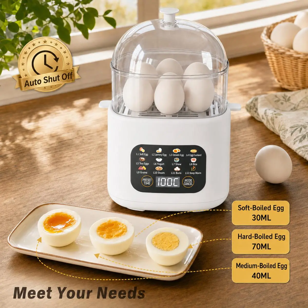 Pacilack Electric Smart All-in-1 Egg Cooker - 6/12 Egg Capacity Breakfast Steamer with 12 Smart Presets, Auto Shut Off, Steaming for Buns, Yogurt, Rice, Vegetables (Kitchen Countertop Cookware Accessory)