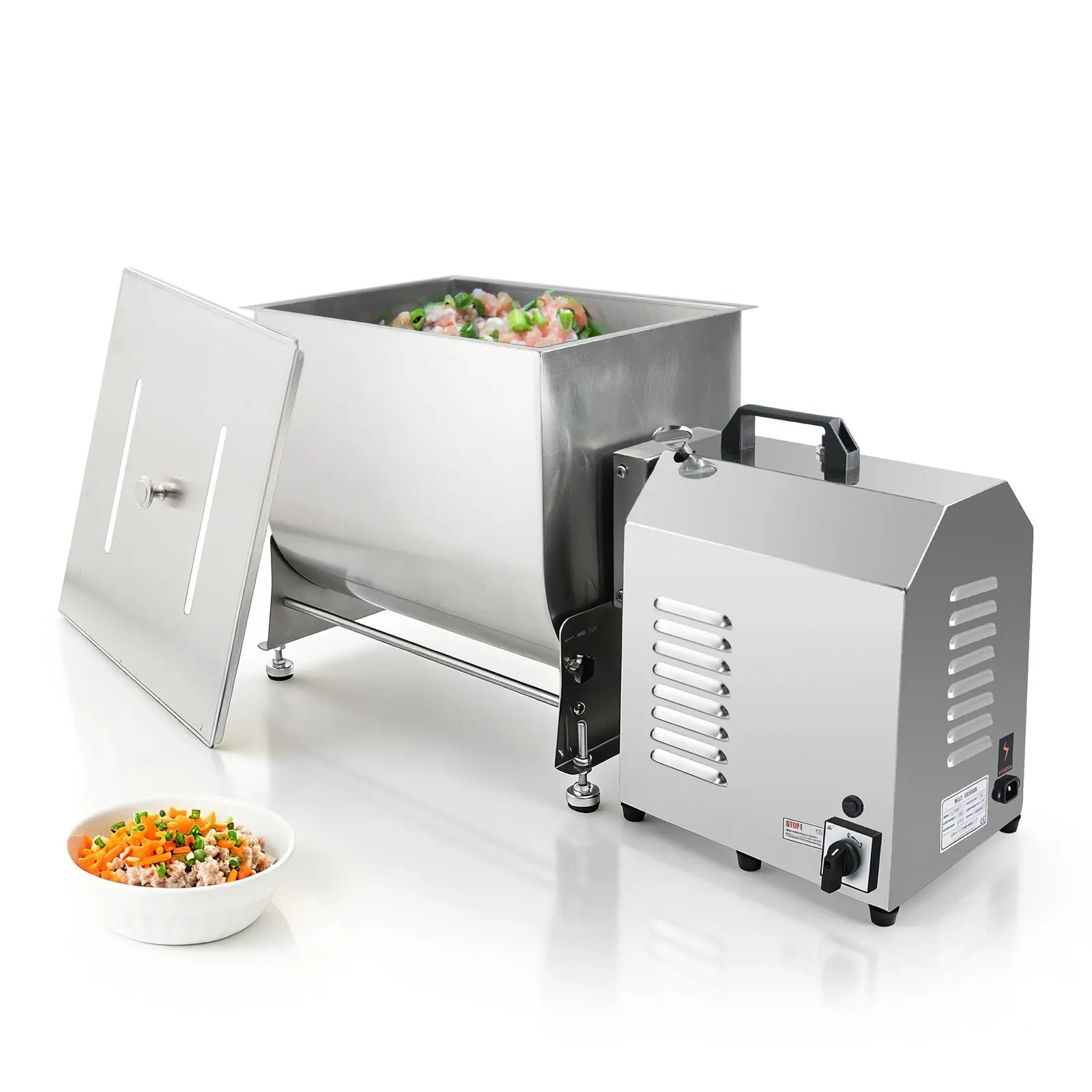 Hakka 45L Commercial Electric Tilting Meat Mixer - 900W 90 lbs Capacity Stainless Steel Model with Grease Trap, Adapter, Knob, Automatic Thorough Sanitation, Controlled Unloading for Meat Processing