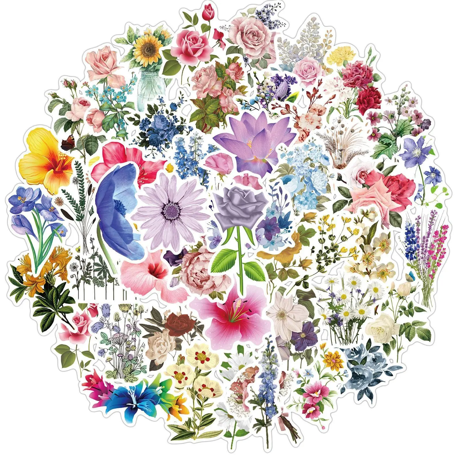 50 PCS Botanical Aesthetic Waterproof Die-Cut Decorative Vinyl Flower Stickers, Unique Sun-Protection Labels for Journal Planner, Water Bottle, Laptop Office Stationery (Colourful-F11)