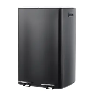 Garvee 16 Gallon (60 L) Dual Compartment Stainless Steel Garbage Bin with Plastic Inner Buckets, Soft-Close Lids & Pedals, Commercial Grade Recycling Bin for Kitchen, Black