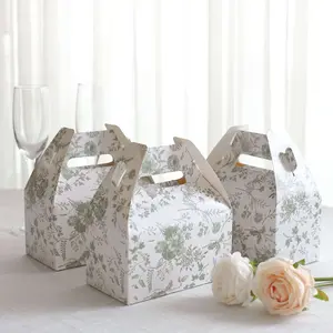 25 Pack White Sage Green Party Favor Gift Tote Gable Boxes in French Toile Pattern, Candy Treat Boxes - 6"x3.5"x7"