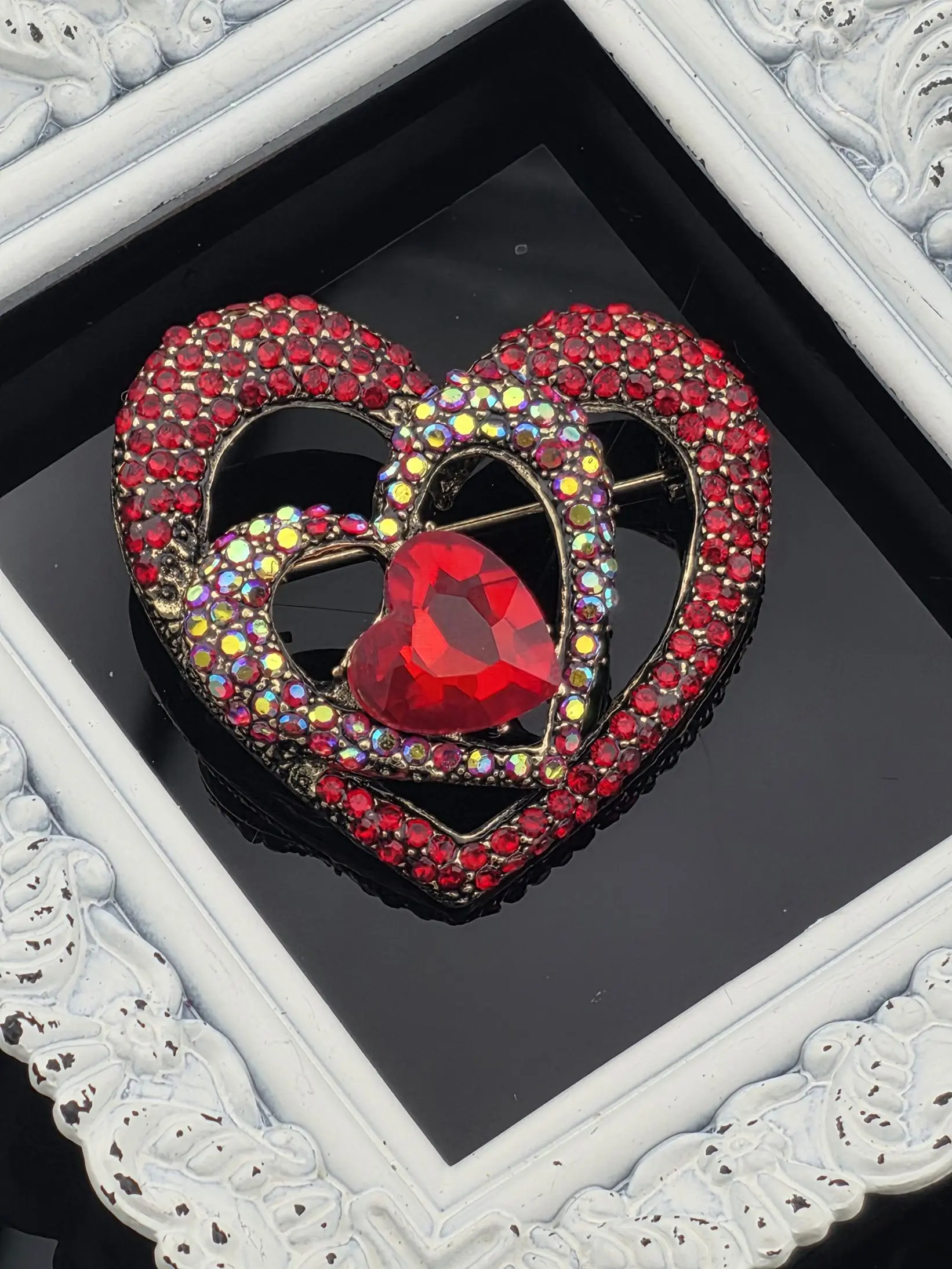 Red Rhinestone Heart Brooch Pin: Hollow-Out Lightweight Design