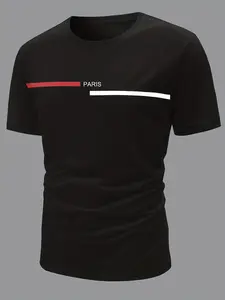 Men's Casual Letter Print Round Neck T-Shirt, Loose-Fitting Short Top, Geometric Pattern, All Seasons, No Collar, No Button, No Zipper