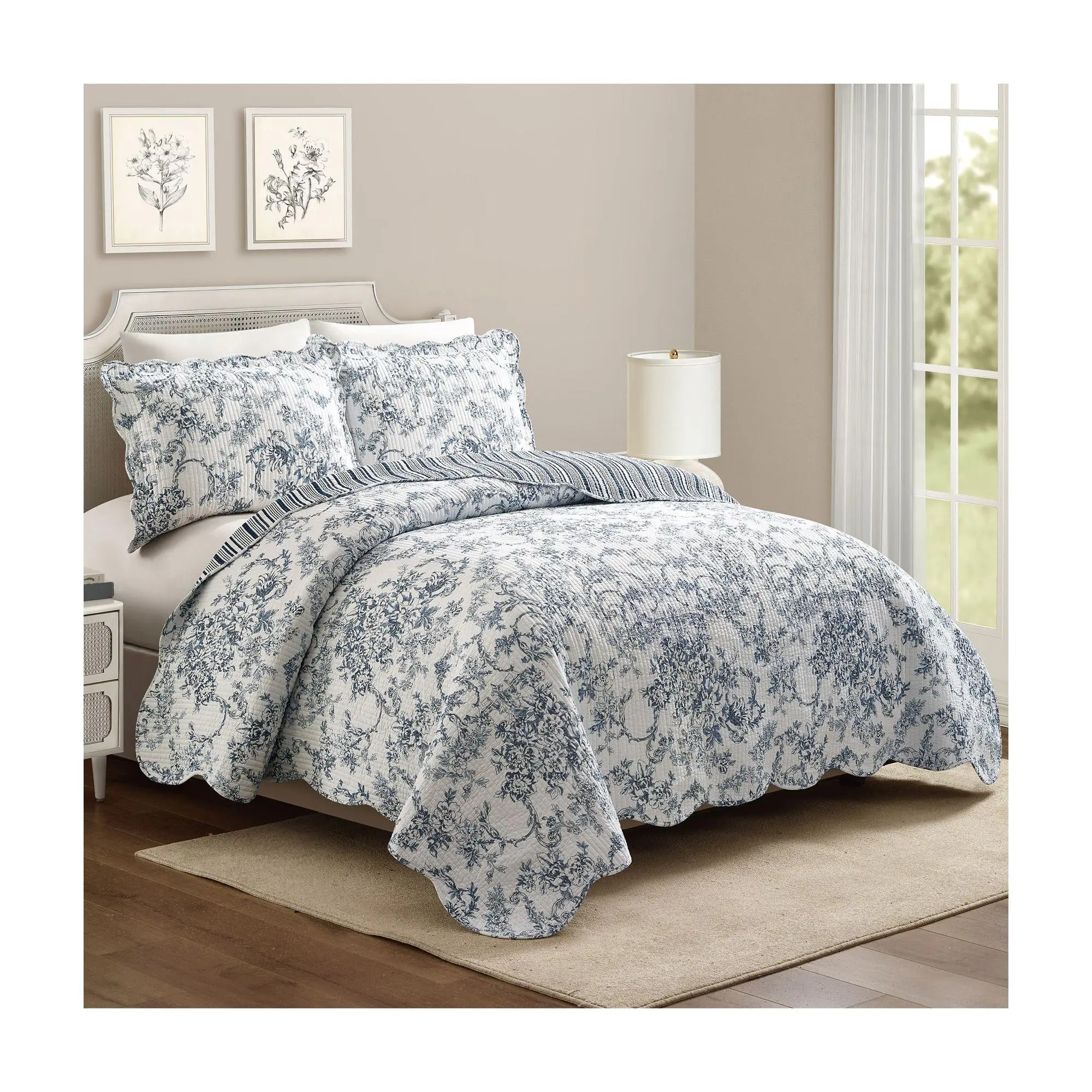 Modern Heirlooom Garden Toile Reversible 3-PC F/Q Quilt Set
