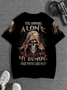 A men's casual round-neck T-shirt, Menswear, made of 100% polyester fabric, featuring 3D skull pattern, with a street fashion style, Streetwear, short-sleeved design, summer style, knitted fabric, regular fit.