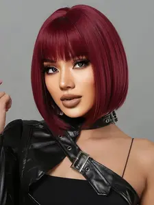 12 Inch Red Bob Cut Wig, Short Burgundy Straight Wig with Bangs for Women, Heat-Resistant Synthetic Fiber, Women Wig for All Seasons, Party, Vacation, Daily Wear & Special Occasions, Straight Bob Wigs