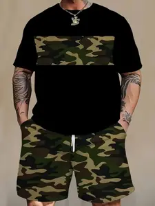 Men's Plus Size Street Style Camouflage Print T-Shirt Shorts Matching Outfit Set, Loose-Fitting Short Sleeve, All Seasons Fashion, Menswear