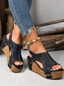 Summer New Fashion Versatile Wedge Heel Sandals for Women, Vintage Wood Grain Thick Sole Platform Fish Mouth Toe Open Shoes