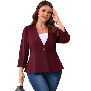 Women's Plus Size Peplum Blazer Elegant V-Neck Single Button Office Jacket, Wine Red, 3XL