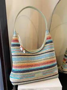 Women's Colorful Striped Pattern Shoulder Bag, Colorblock Bag, Fashionable Large Capacity Tote Bag for Daily Used, Casual Trendy Versatile High-quality Daily Commuting Bag, Versatile Shoulder Bags