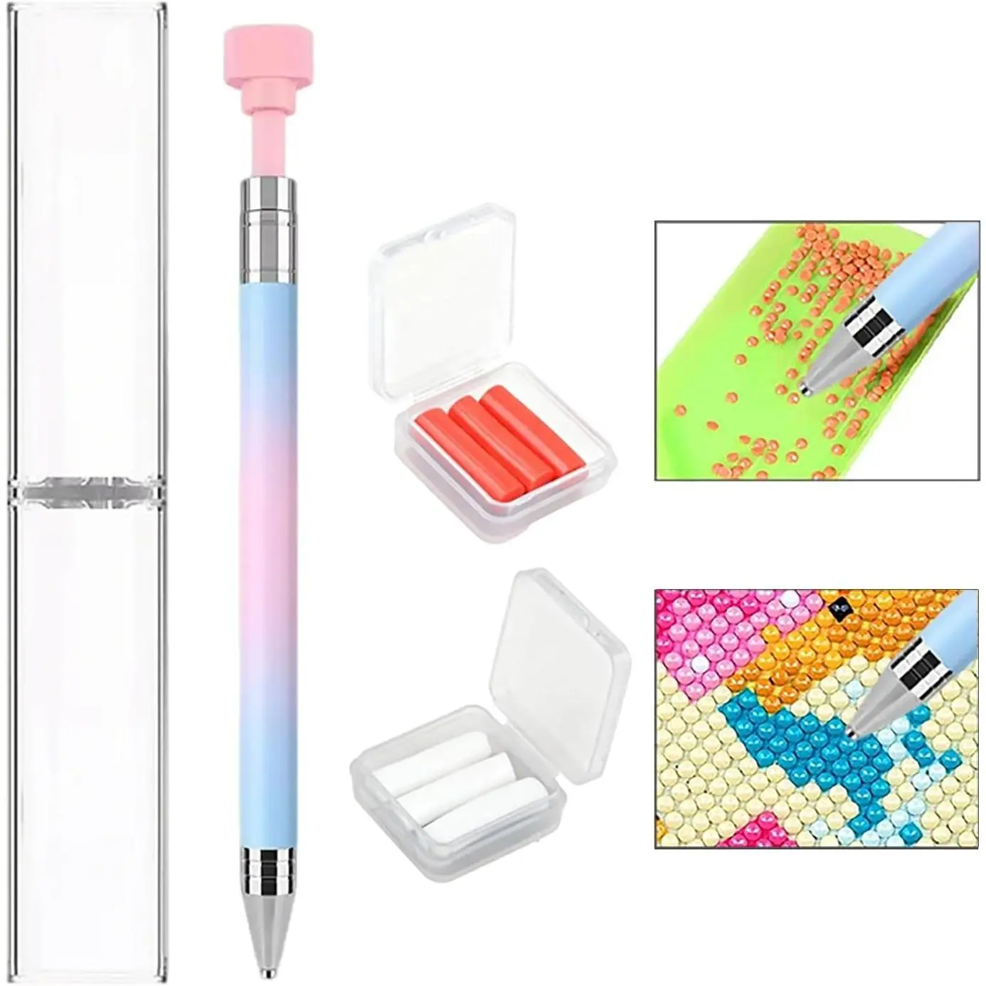 5D DIY Painting Beading Wax Pens - Synthetic Self-Stick, Easy Pickup, Accurate Placement, Automatic Refillable, Comfortable Handle, 6pcs Replacement Wax, 6 Needlepoint Accessories Kits for Diamond Painting Cross Stitch, Crafting DIY Kits