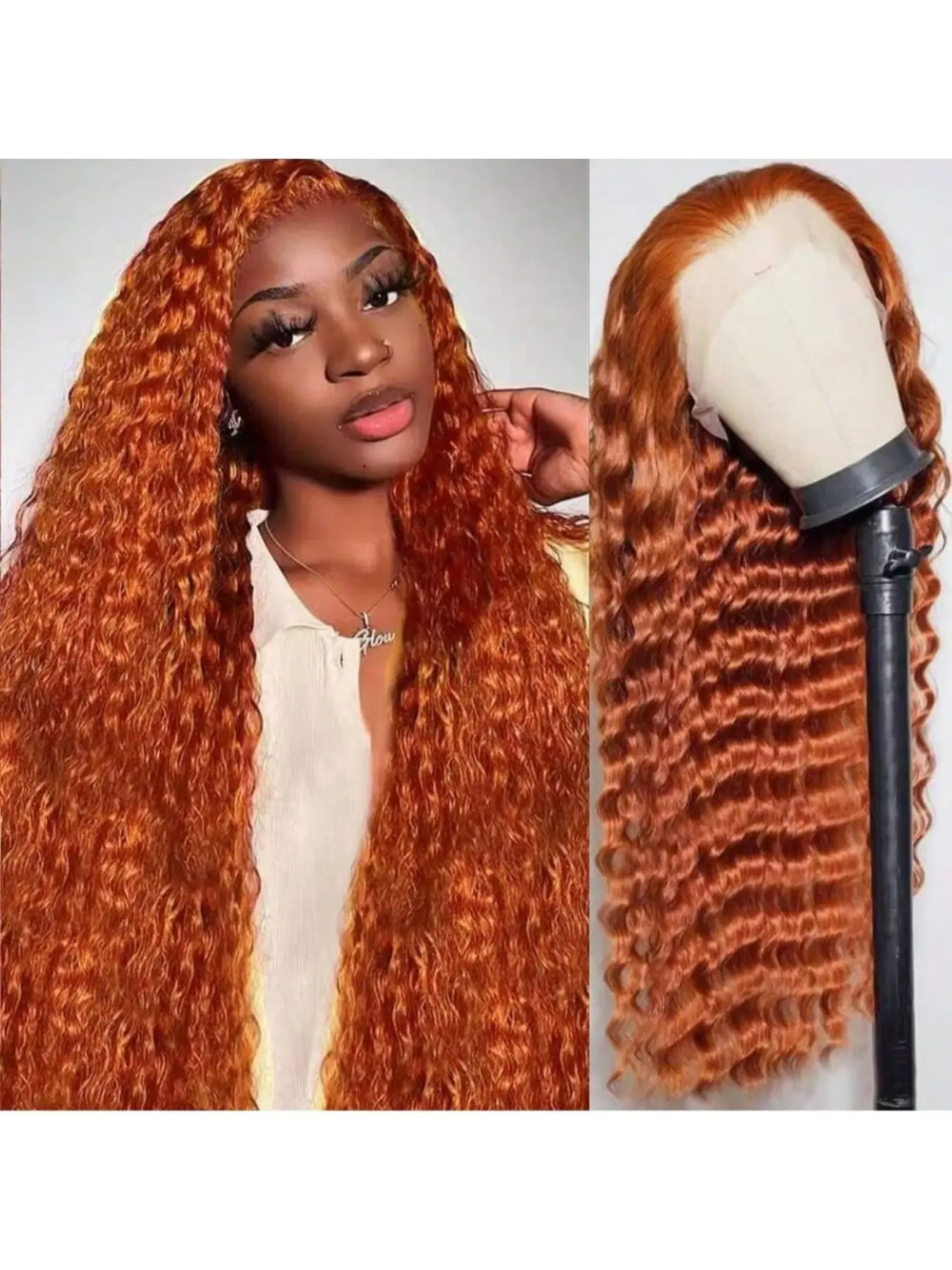 Ginger Human Hair 13x6 HD Lace Deep Wave Curl Wig, 180% Density, Pre-Plucked & Cut, Baby Hair Feature, Voluminous Curly Wig