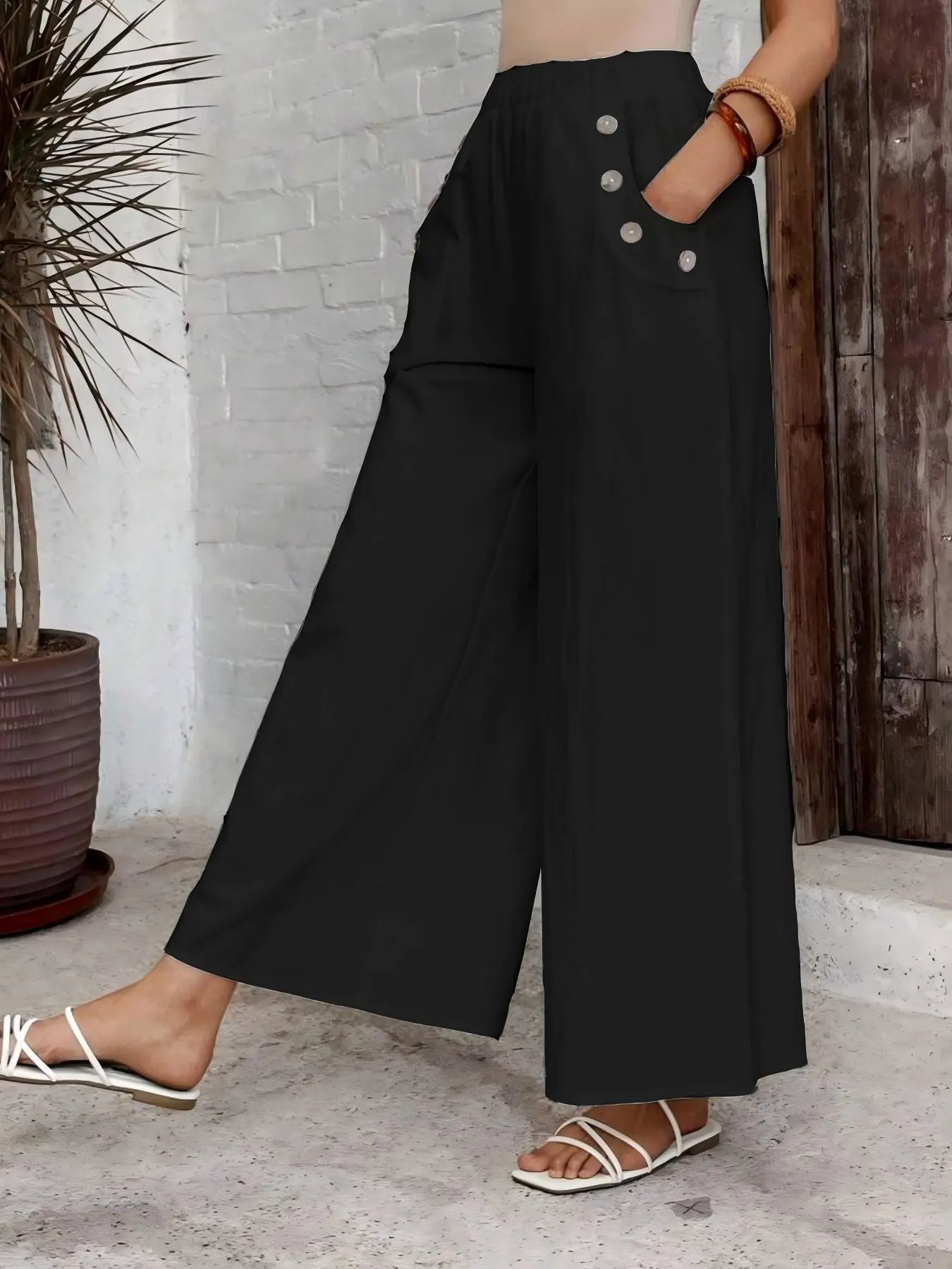 Women's Comfortable Loose-Fit Casual Pants, Spring Summer Fall Fashion, Pure Color Wide-Leg Design, New Arrival Plus Size Pocket Bottoms, Casual Minimalist Trousers, Casual Chic Bottoms, Casual Loose Fitted