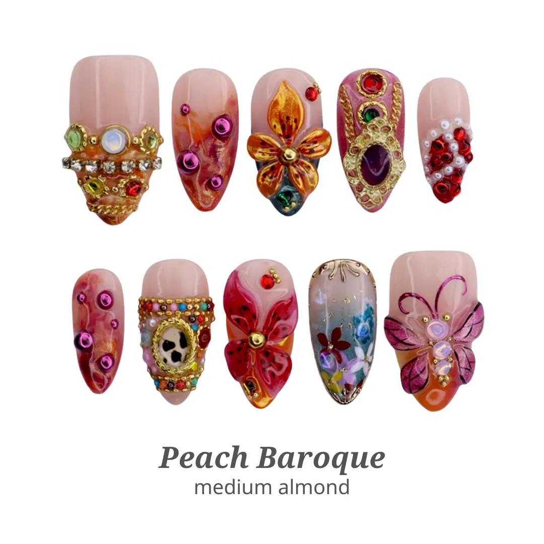 Lilynailsart | Maximalist Peach Floral Nails – Gold Chrome 3D Flower Gemstone Rhinestone Nails – Medium Almond Luxury Nails