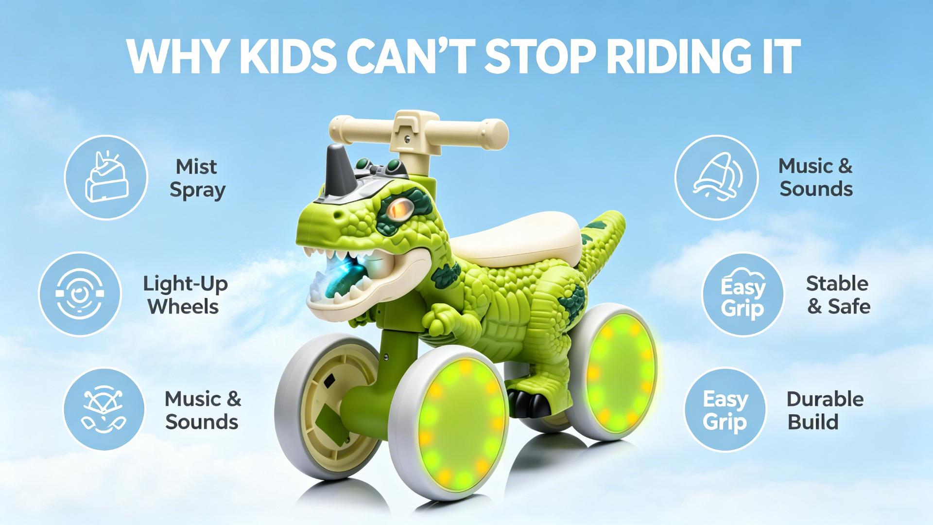 Unisex T-Rex Theme 4-Wheel No-Pedal Toddler Balance Bike (Ages 1-3) - Kids Toys, Toddler Toys with Light-Up Wheels, Spray Function, Sound Effects, Music, EVA Tires, Safety-Enhanced Design