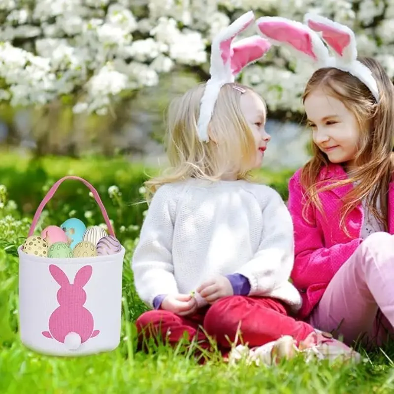 Disposable Easter Bunny Basket Bags with Fluffy Tail Kids Egg Hunt Party Decoration Toy Holder Bunny Carry Bags