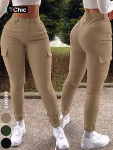 GILIPUR Y2K Khaki Textured Work Pants With Multiple Pockets, Fabric, Slim-Fit, For Summer And Autumn, Women's Slim Fit Sports Pants, Skinny Pants, Casual, All Sizes, Summer, Shop Now