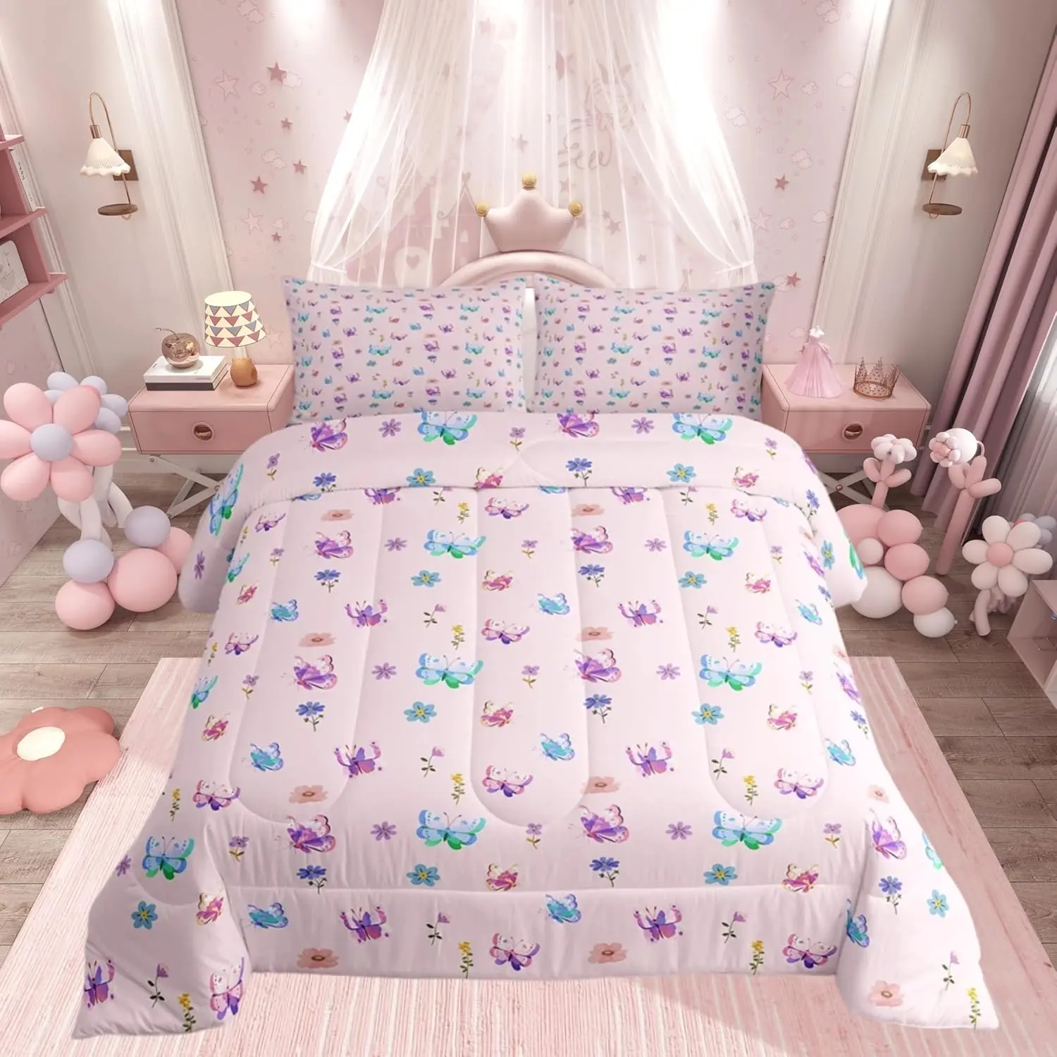 Butterfly Kids Comforter Set Floral Bedding Set Farmhouse Garden Duvet Quilt for Kids Boys Girls Bedroom Cute Decor Purple Pink Microfiber Ultra Soft Breathable