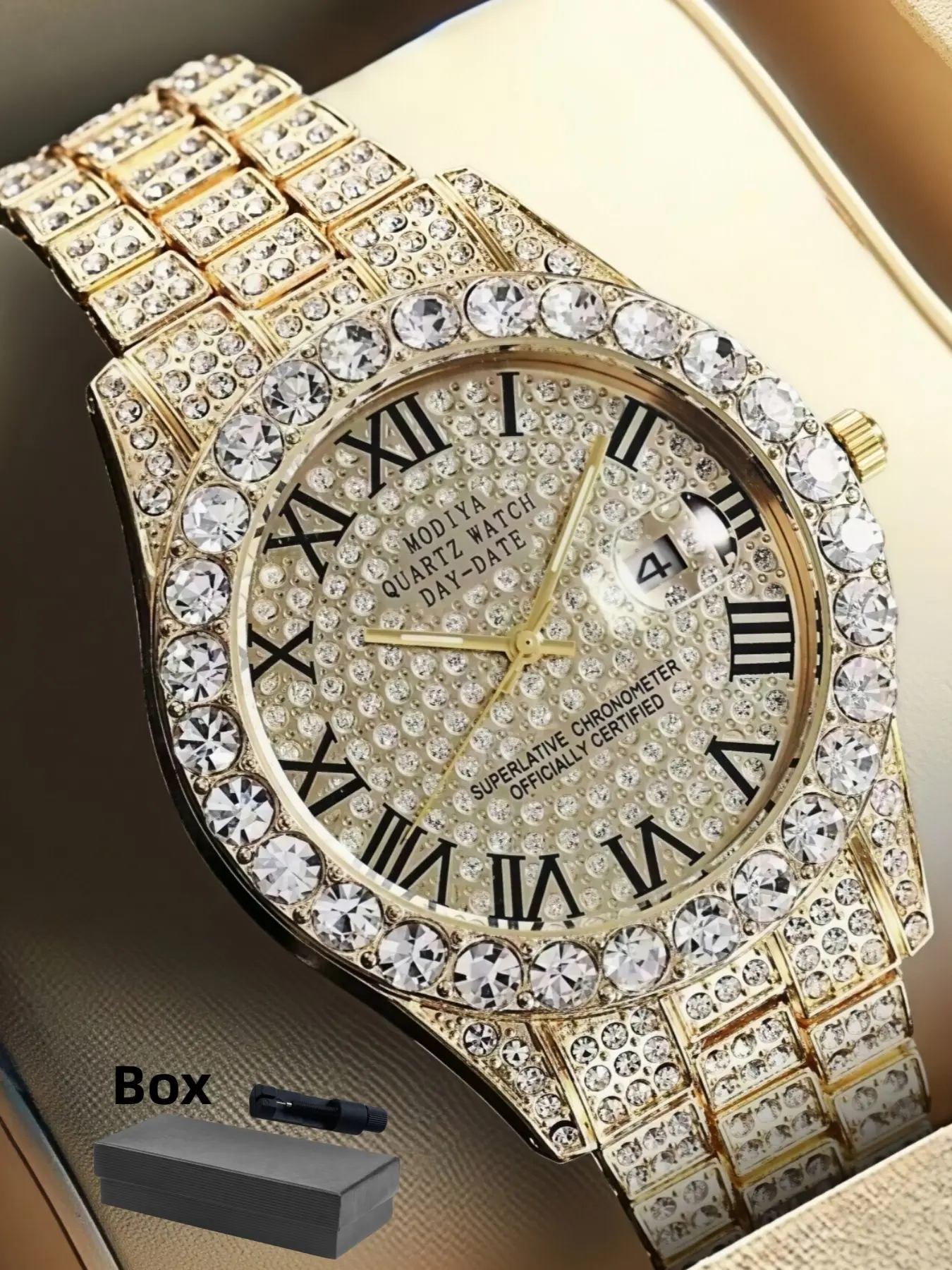 Men's Business Rhinestones Roman Scale Watch, Fashion Watch with Day Date, Daily Clothing Decor, Trendy All-match & Exquisite Watch for Birthday Gift with Box, Rhinestone Wrist Watch, Rhinestone Wristwatch, Analog Quartz Wristwatch, Stainless Steel Watch