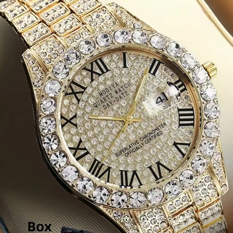 Men's Business Rhinestones Roman Scale Watch, Fashion Watch with Day Date, Daily Clothing Decor, Watch for Birthday Gift with Box, Rhinestone Wrist Watch, Analog Quartz Wristwatch, Stainless Steel Watch, Analog Wristwatches, Rhinestone Watches