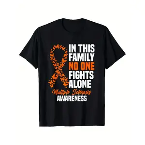 t shirt meme Multiple Sclerosis Awareness Orange Ribbon Graphic T Shirt for Men Casual Tee with In This Family No One Fights Alone Design Machine Washable All Season Round Neck ShirtComfortable Tee Graphic Print Shirt AllSeason Tee for Everyday Outdoor Ac