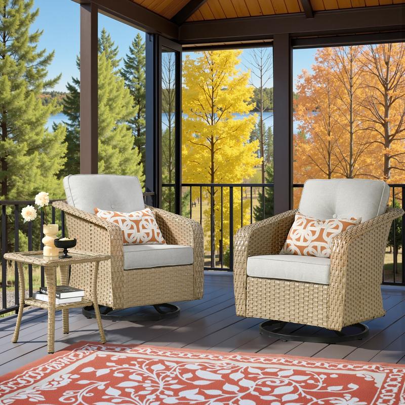 Weaxty 3Pc Set Outdoor Swivel Chairs with Side Table Sectional Rattan Sofa for Poolside Backyard Patio Furniture Elegant Design Comfortable Swivel Chairs & Stylish Side Table