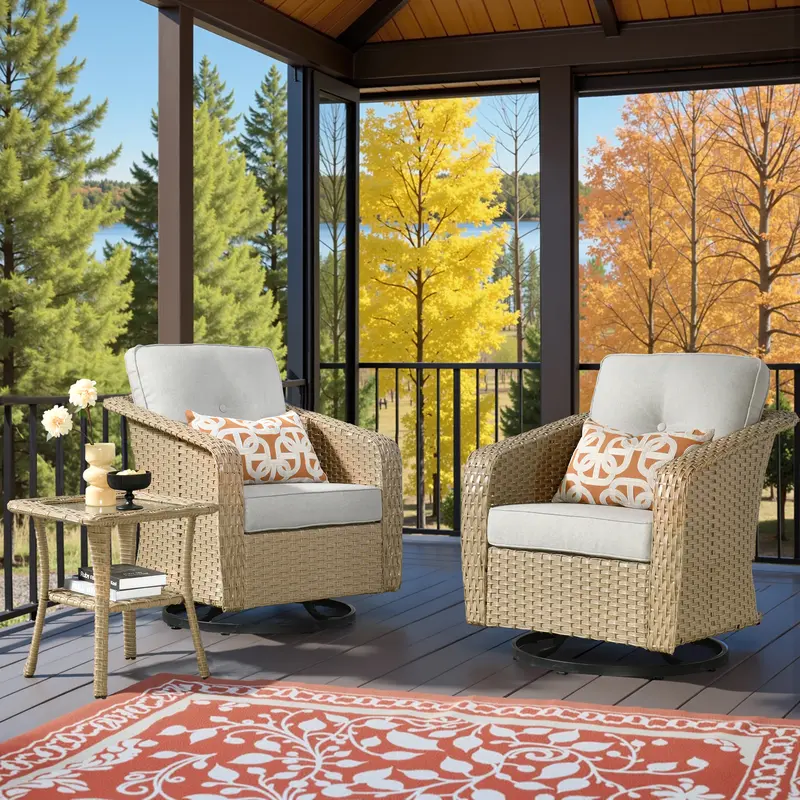 Weaxty 3Pc Set Outdoor Swivel Chairs with Side Table Sectional Rattan Sofa for Poolside Backyard Patio Furniture Elegant Design Comfortable Swivel Chairs & Stylish Side Table