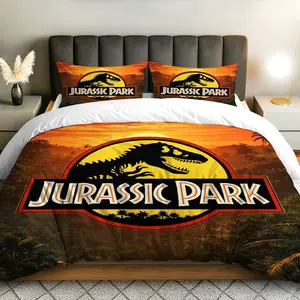 3PCS Duvet Cover Set, 1 Duvet+2 Pillowcases(Without filler), Dinosaur Adventure Retro Logo Movie Night Jurassic Park theme, Halloween bedding set, Decorative Bedding Suitable for decoration Bedroom, Guest Room, Dorm, Living Room.