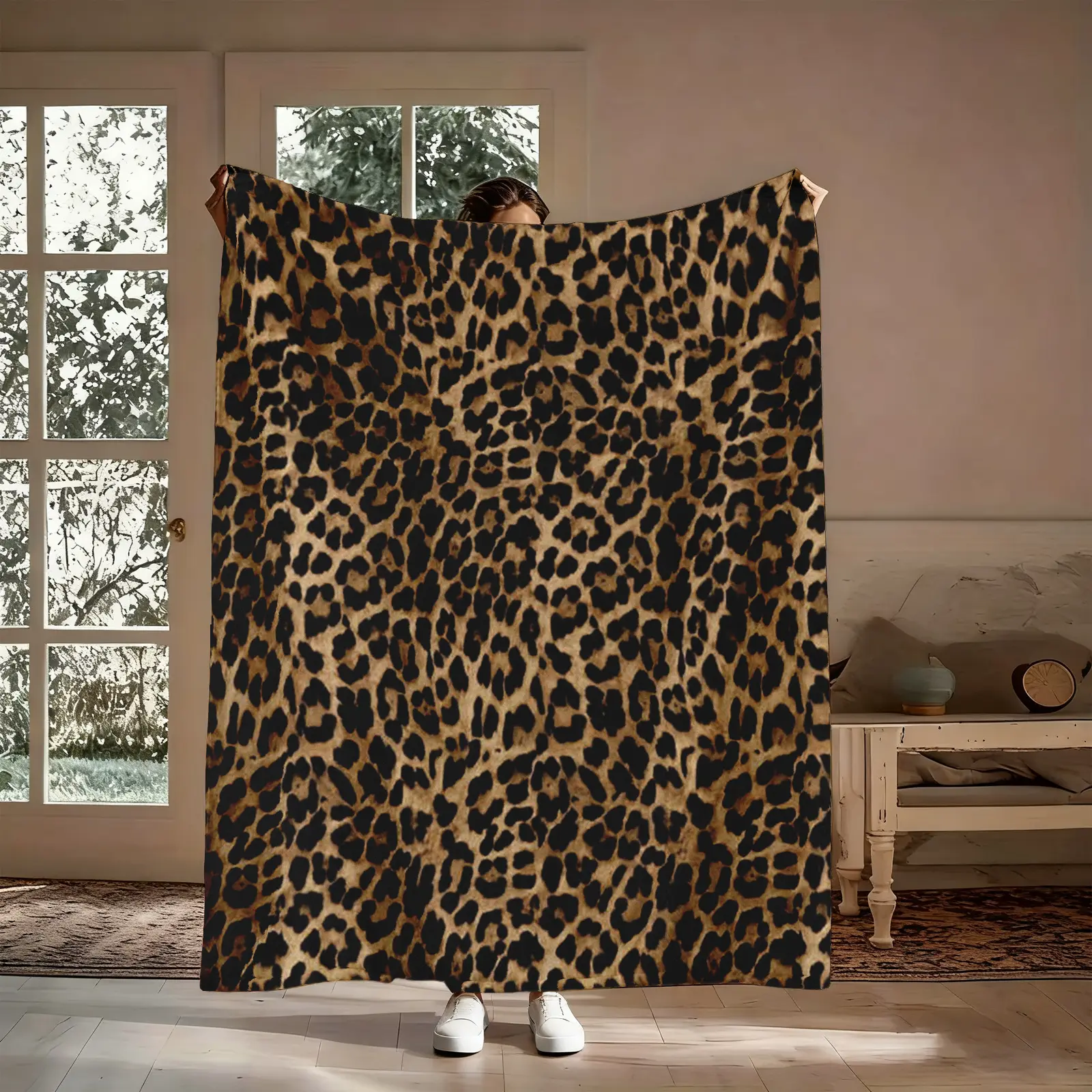 Leopard Print Blanket Gift, Brown Black Spots Wild Animal Pattern Flannel Throw, Soft Cozy Warm Nap Blanket for Bedroom Living Room Couch, Unique Gift for Her Girlfriend Friend, Christmas Birthday Holiday Present