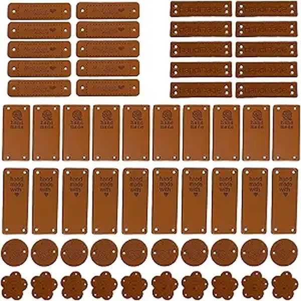 60Pcs Handmade Leather Tags for Crochet Items, Handmade with Love Tags Faux Leather Labels