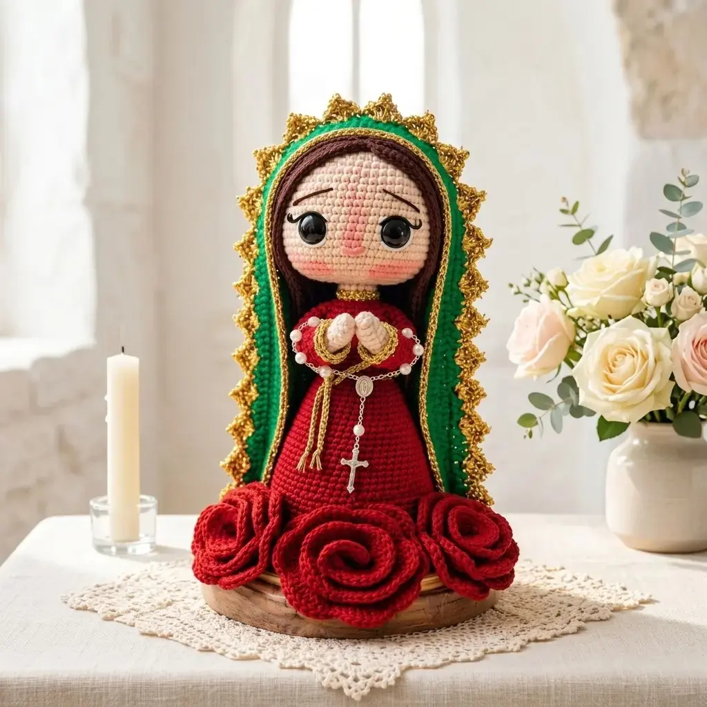 Handmade Our Lady of Guadalupe Crochet Doll | Virgin Mary Amigurumi Plush | Catholic Religious Gift, Christian Home Decor, Prayer Room Decoration