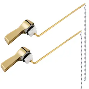 Hibbent 2 Pack Universal Front Mount Toilet Handle Tank Flush Lever Replacement Handle with 2 Pieces Stainless Steel Flapper Chains for Most Front Mount Toilets- Shiny Gold Finish Toilet Handle