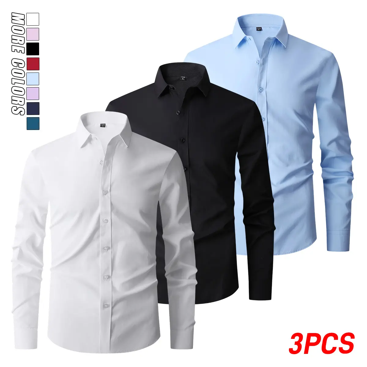 Set of 3 classic solid-color long-sleeve men’s shirts, suitable for business events, casual wear, and work attire—an ideal choice for everyday wear and a professional business style.