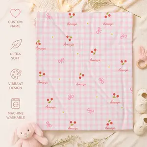 Personalized baby name Pink Gingham Cherry Pattern Velveteen Plush Blanket | Cute Bow, coquette, baby gift, baby shower gift, newborn gift,