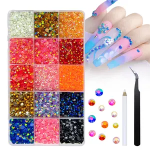 US Warehouses 15pcs in Box Resin Rhinestones for Cloth Holiday Nails Face Hair Tumbler  Different Sizes Resin Rhinestones