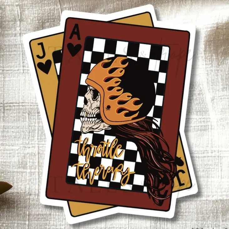Jack & Ace Throttle Therapy skeleton playing cards  MOTORCYCLE STICKER